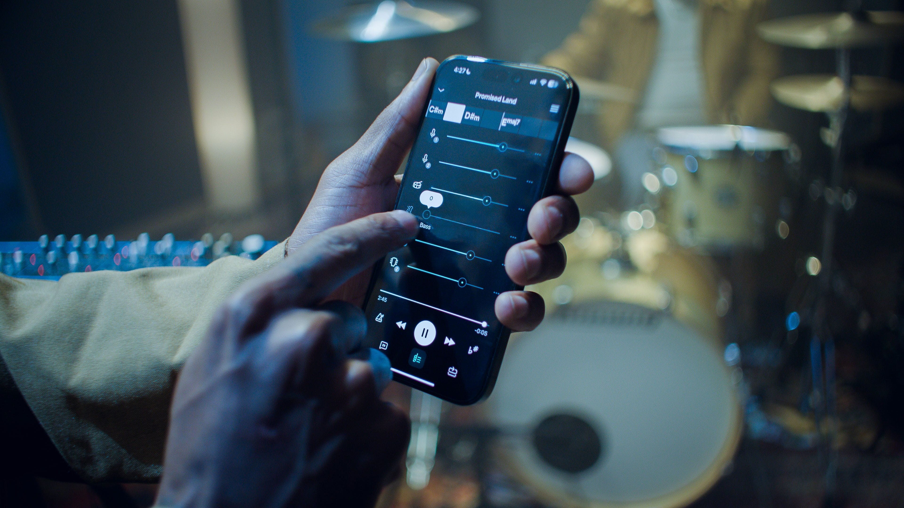 A close-up of Moises in use on iPhone, illustrating the simplicity and control of adjusting stems with just a few taps. © 2025 Moises. All rights reserved.