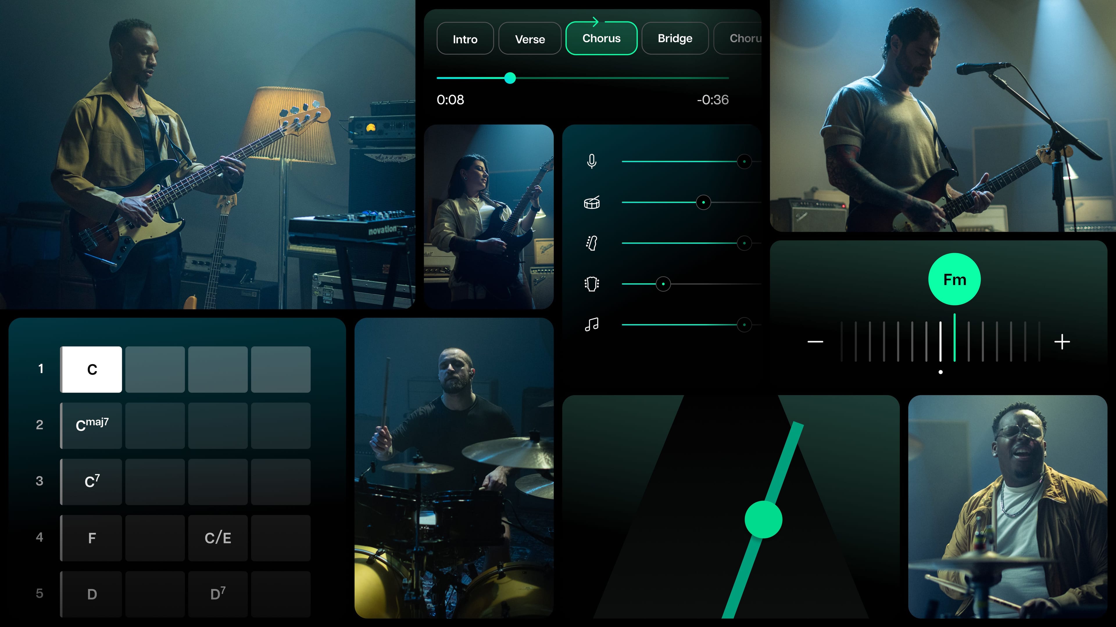 Moises: The Musician’s AI Platform. A dynamic collage artwork featuring musicians in action alongside the Moises app interface. © All rights reserved.