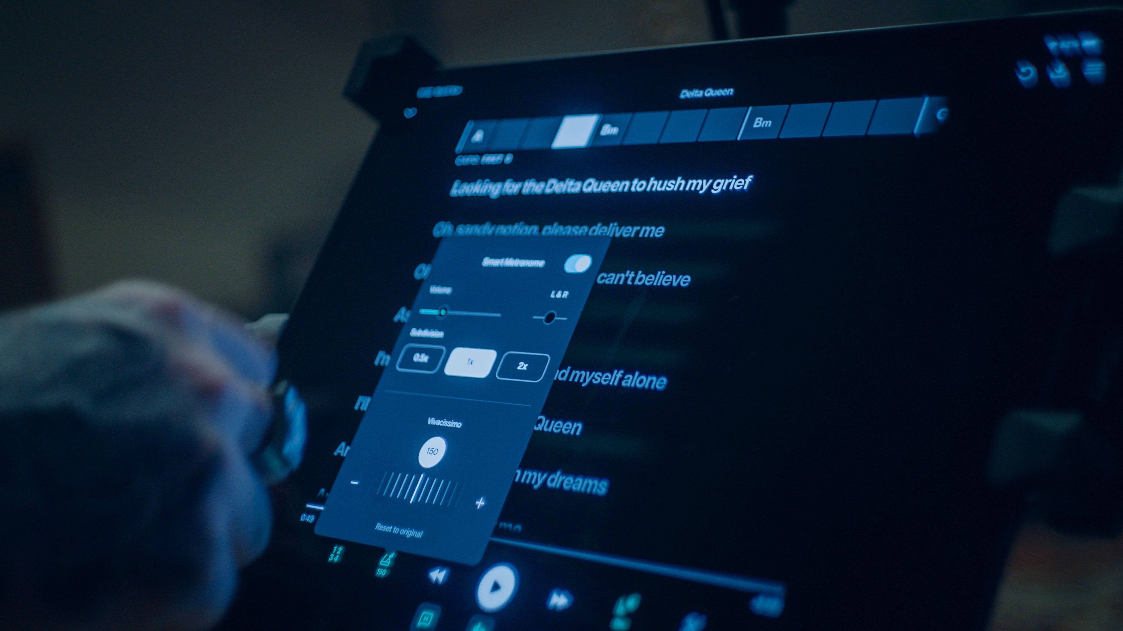 An iPad displaying Moises’ lyrics and our AI Smart Metronome™, designed to make music practice accessible and immersive for users everywhere. © 2025 Moises. All rights reserved.
